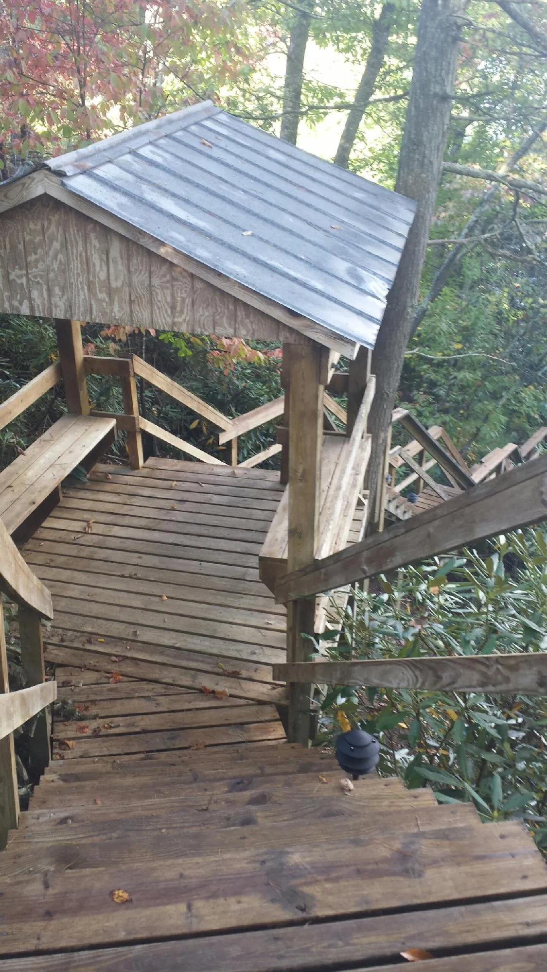 Metal roofed shelter over wooden steps on a wooded walkway — Skylight Repair & Installation work by our crew in Mcclusky